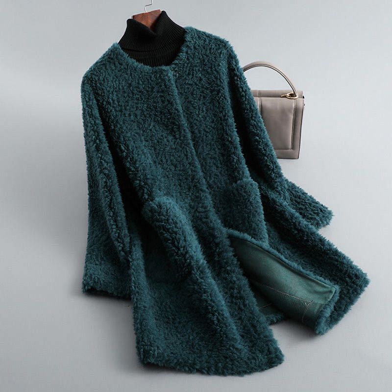 Women's Fall Jacket with Draped Shearling in Mint Green