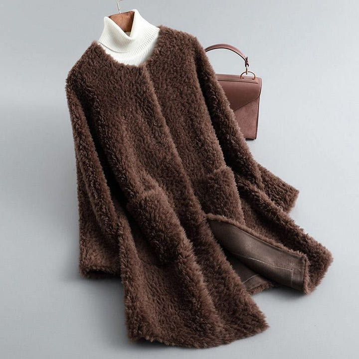 Women's Fall Jacket with Draped Shearling in Mocha Brown