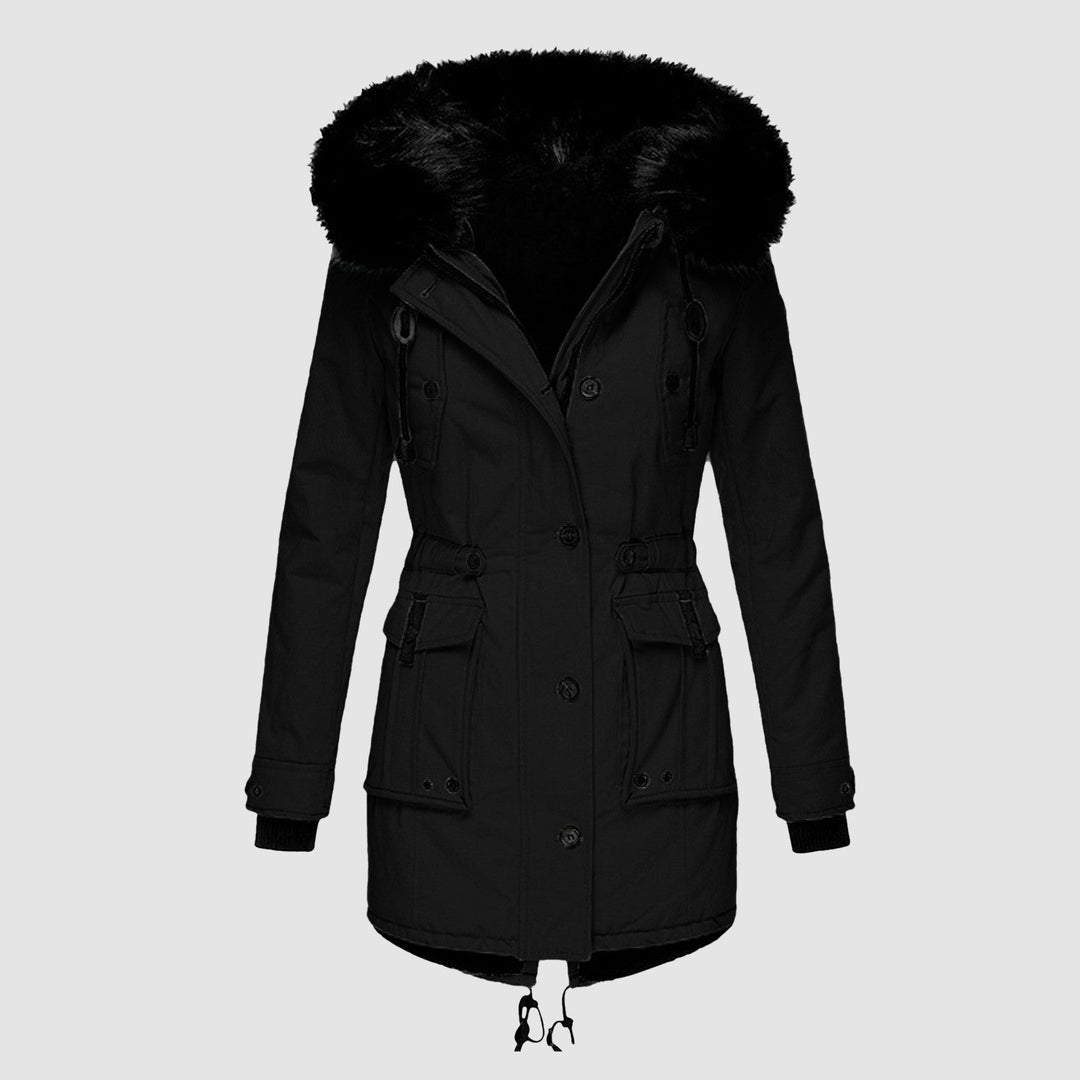 Women's Fall Jacket with Faux Fur Hood in Black