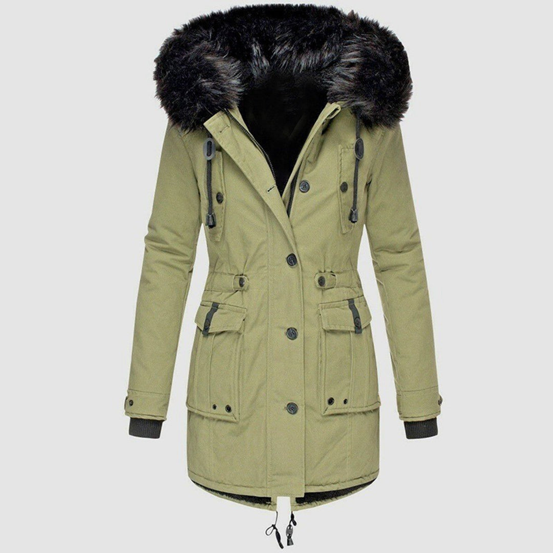 Women's Fall Jacket with Faux Fur Hood in Green
