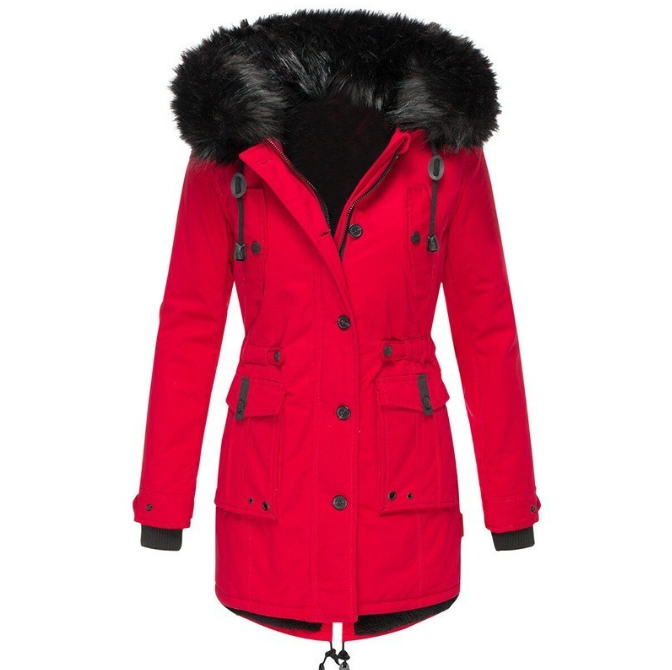 Women's Fall Jacket with Faux Fur Hood in Red