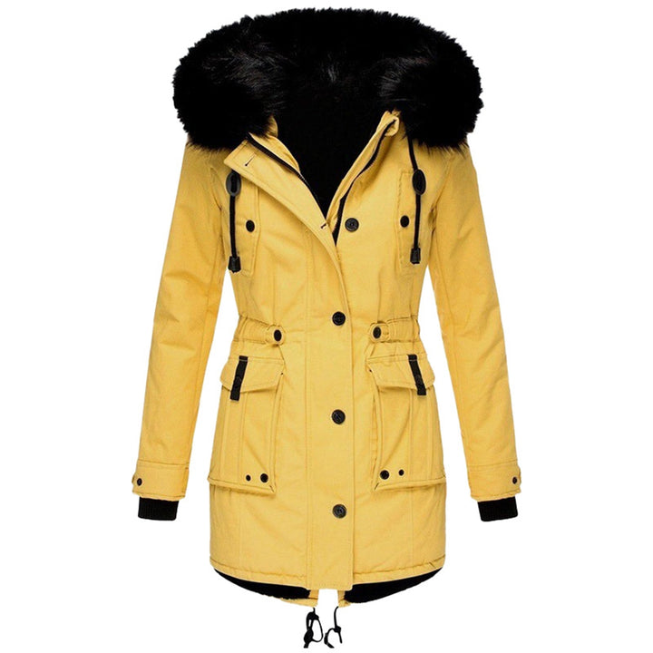 Women's Fall Jacket with Faux Fur Hood in Yellow