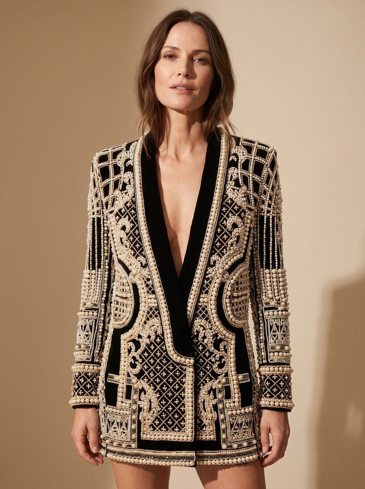 Women's Fall Jacket with Pearl Embellishments in Gold-coloured