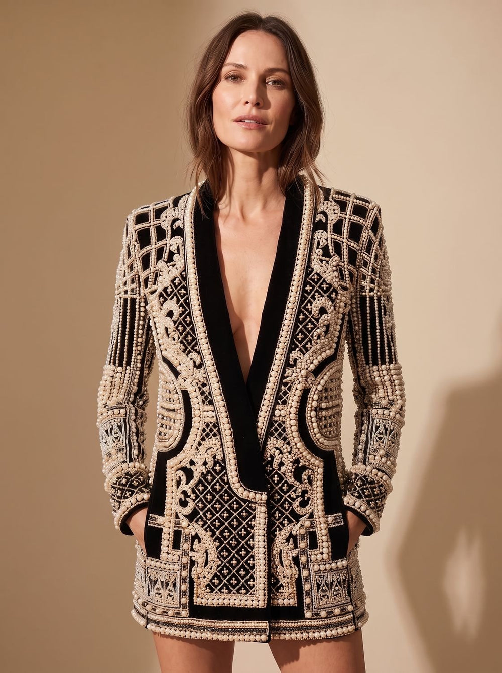 Women's Fall Jacket with Pearl Embellishments in Silver-coloured
