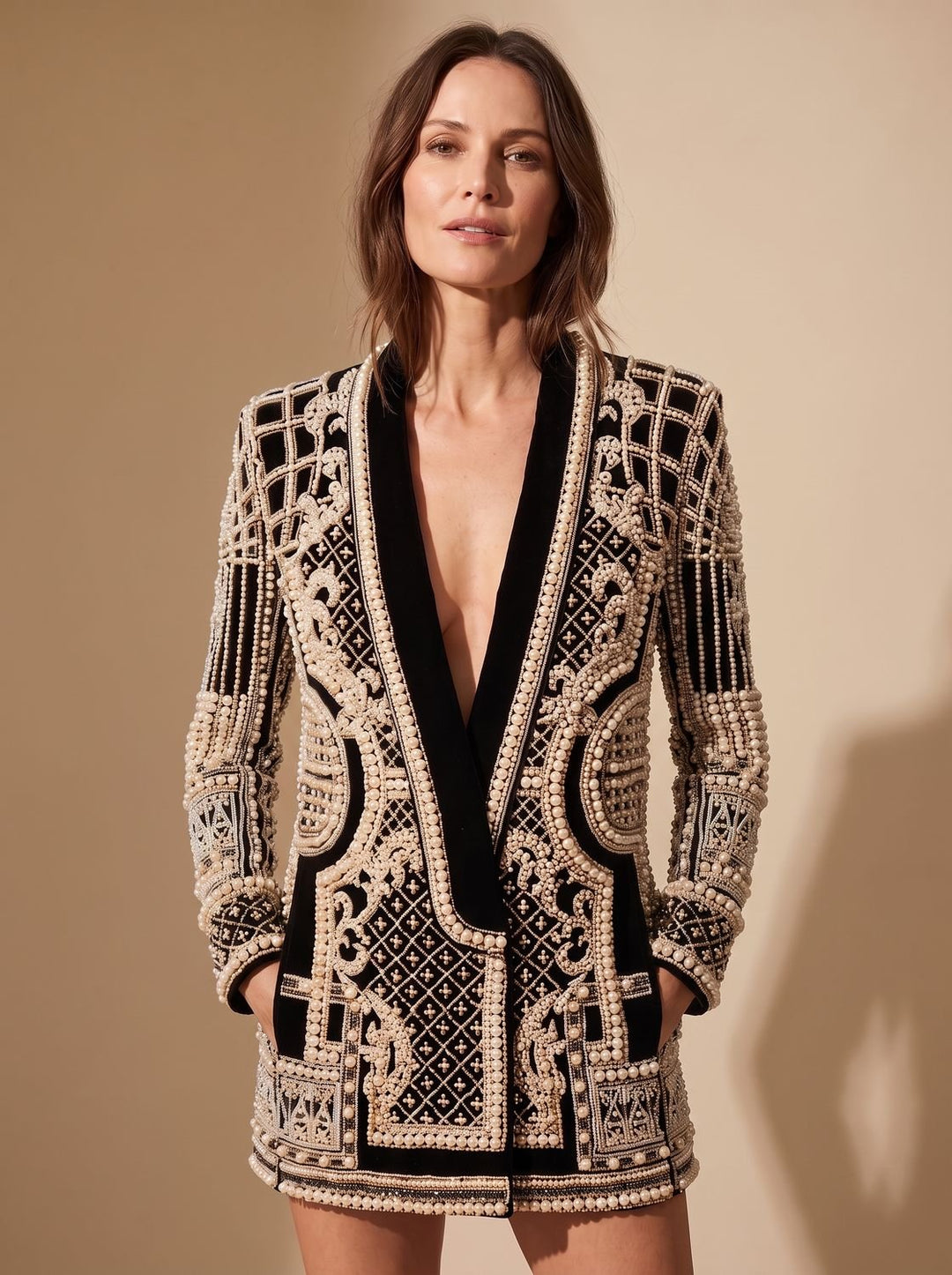 Women's Fall Jacket with Pearl Embellishments in Silver-coloured