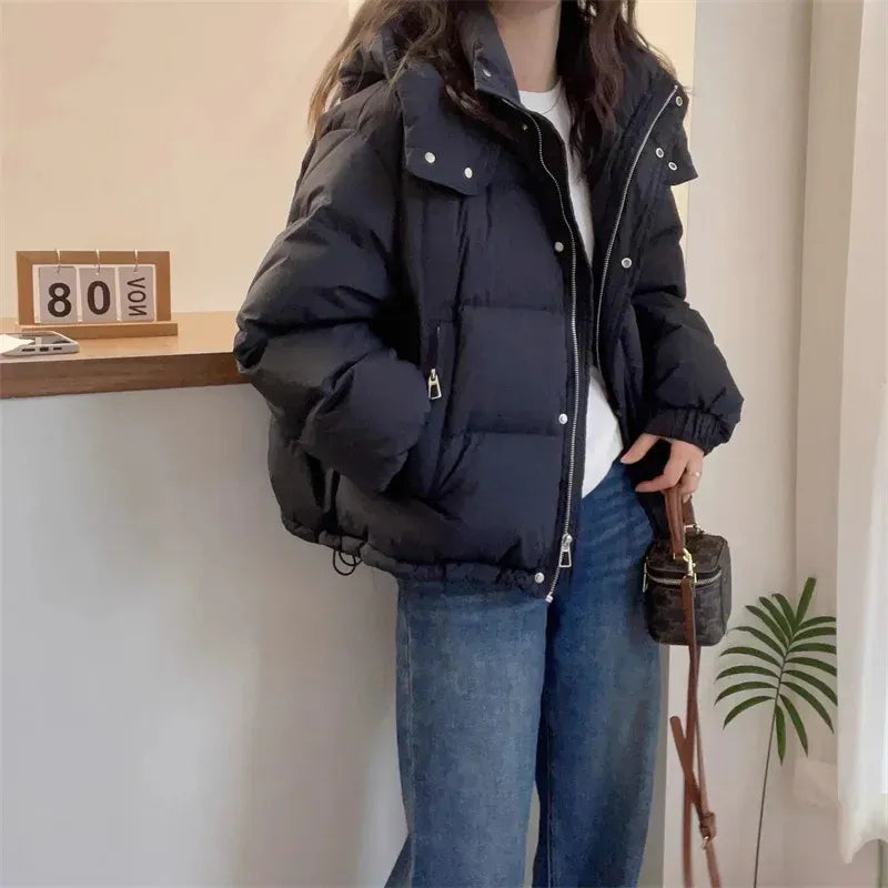 Women's Fall Jacket with Quilted Puffer Hood in Black