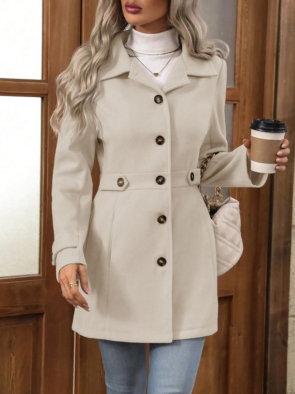 Women's Fall Jacket with Tailored Waist Belt in Apricot