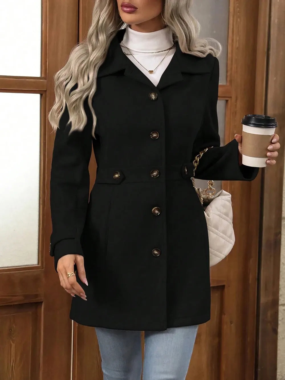 Women's Fall Jacket with Tailored Waist Belt in Black