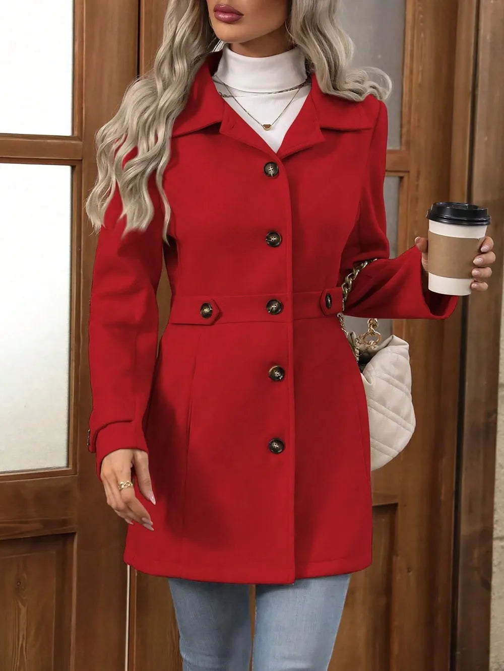 Women's Fall Jacket with Tailored Waist Belt in Red