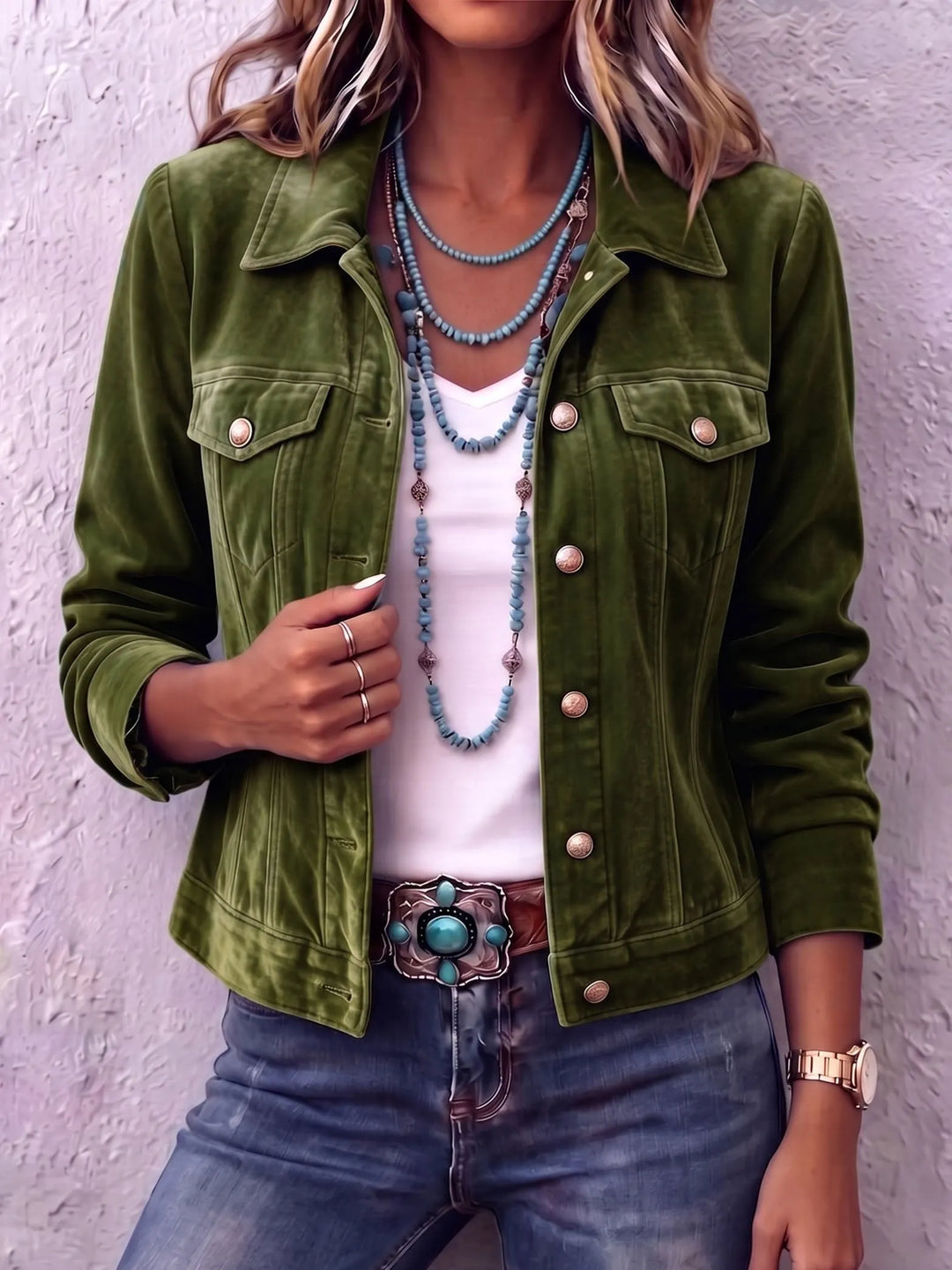 Women's Fall Jacket with Vintage Wash Details in Green