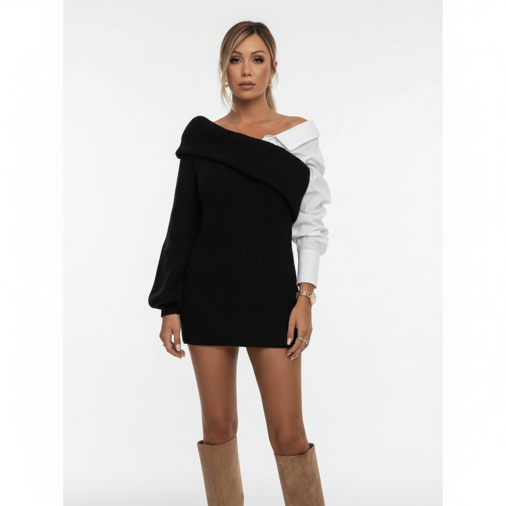 Women's Fall Knitted Dress with Blouse Details in Black