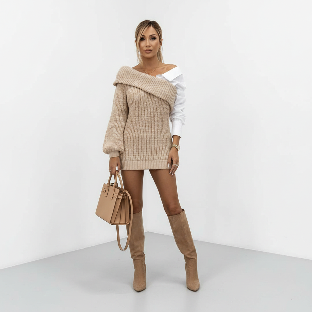 Women's Fall Knitted Dress with Blouse Details in Khaki
