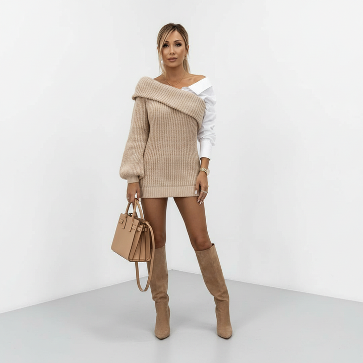 Women's Fall Knitted Dress with Blouse Details in Khaki