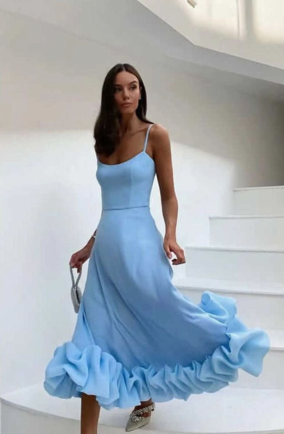 Women's Fall Wedding Guest Dress Floral Midi in Blue