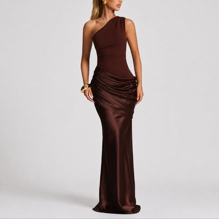 Women's Fall Wedding Guest Dress, Satin Maxi in Brown