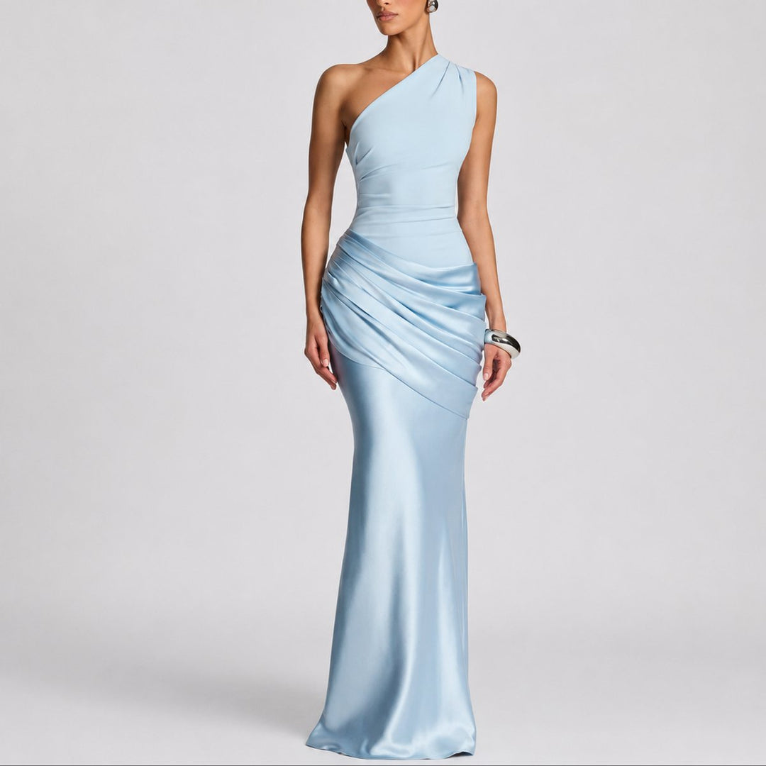 Women's Fall Wedding Guest Dress, Satin Maxi in Light Blue