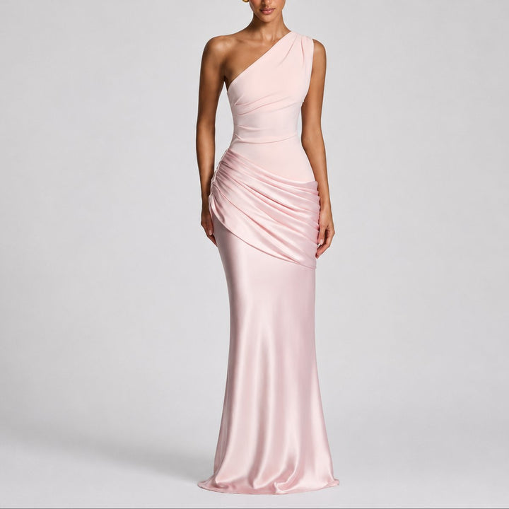 Women's Fall Wedding Guest Dress, Satin Maxi in Pink