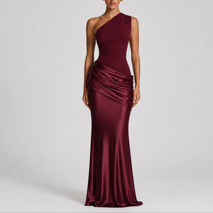 Women's Fall Wedding Guest Dress, Satin Maxi in Red