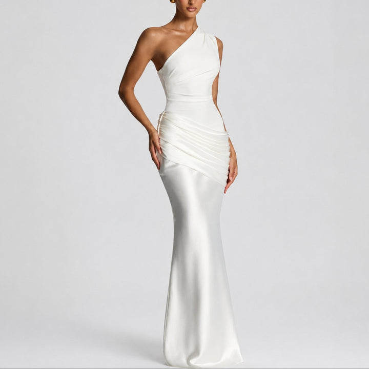 Women's Fall Wedding Guest Dress, Satin Maxi in White
