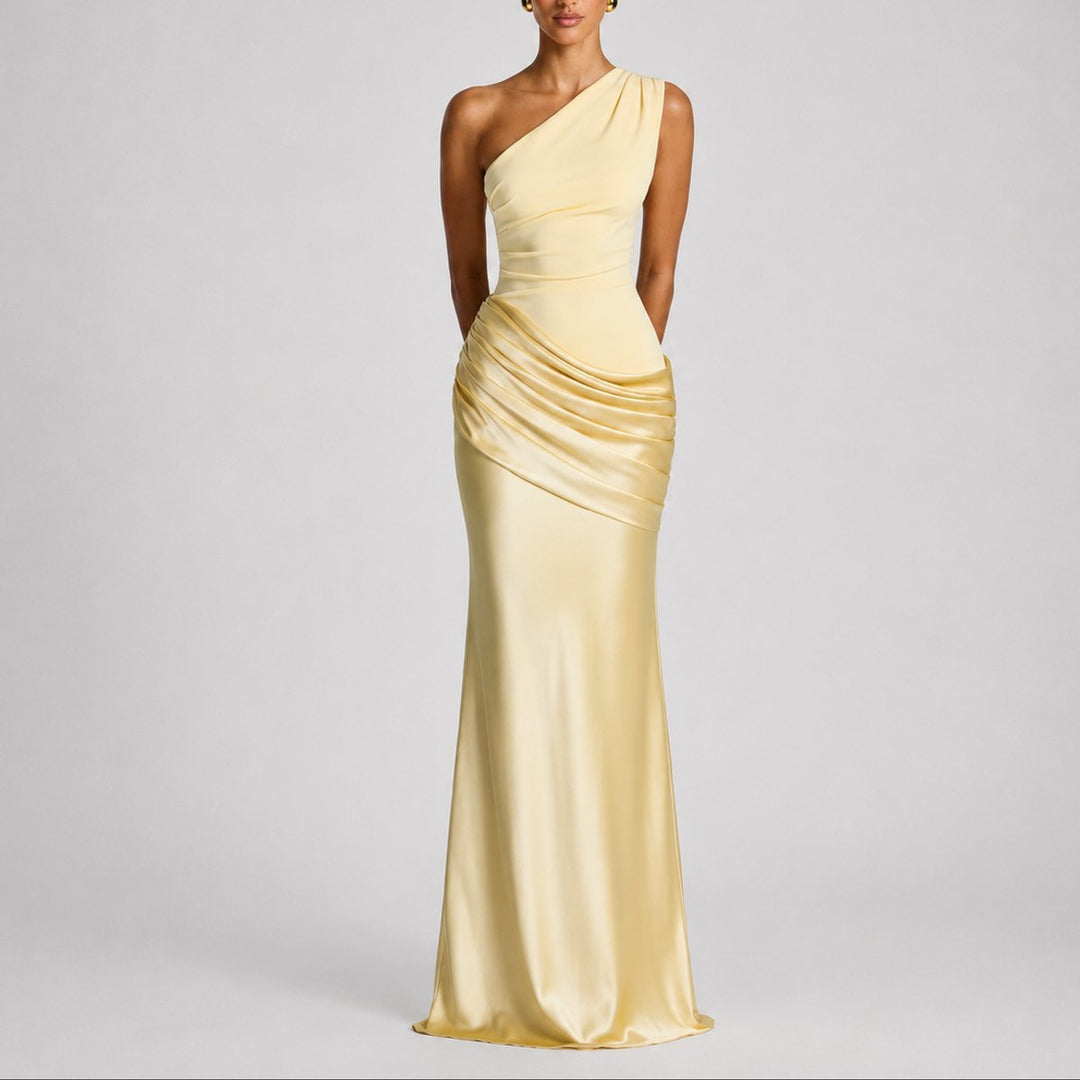 Women's Fall Wedding Guest Dress, Satin Maxi in Yellow