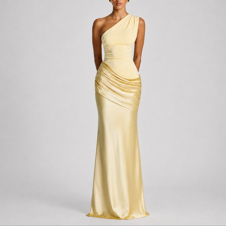 Women's Fall Wedding Guest Dress, Satin Maxi in Yellow