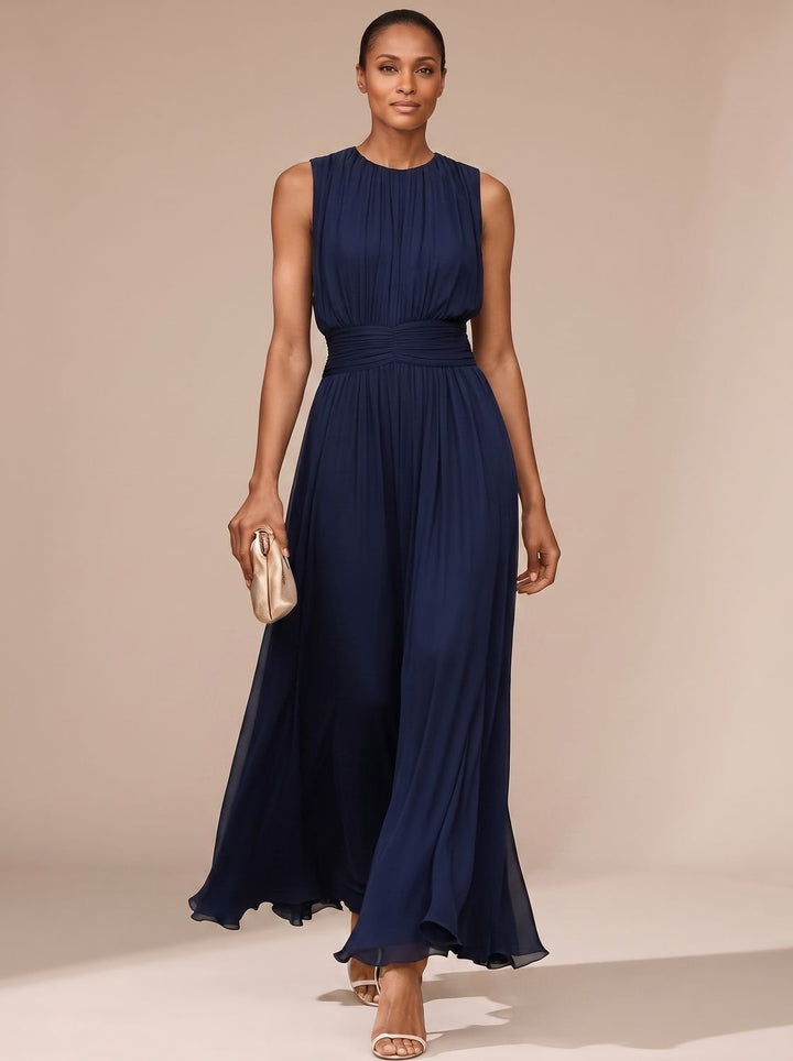 Women's Fall Wedding Guest Dress, Sleeveless Pleated Maxi in Dark Blue