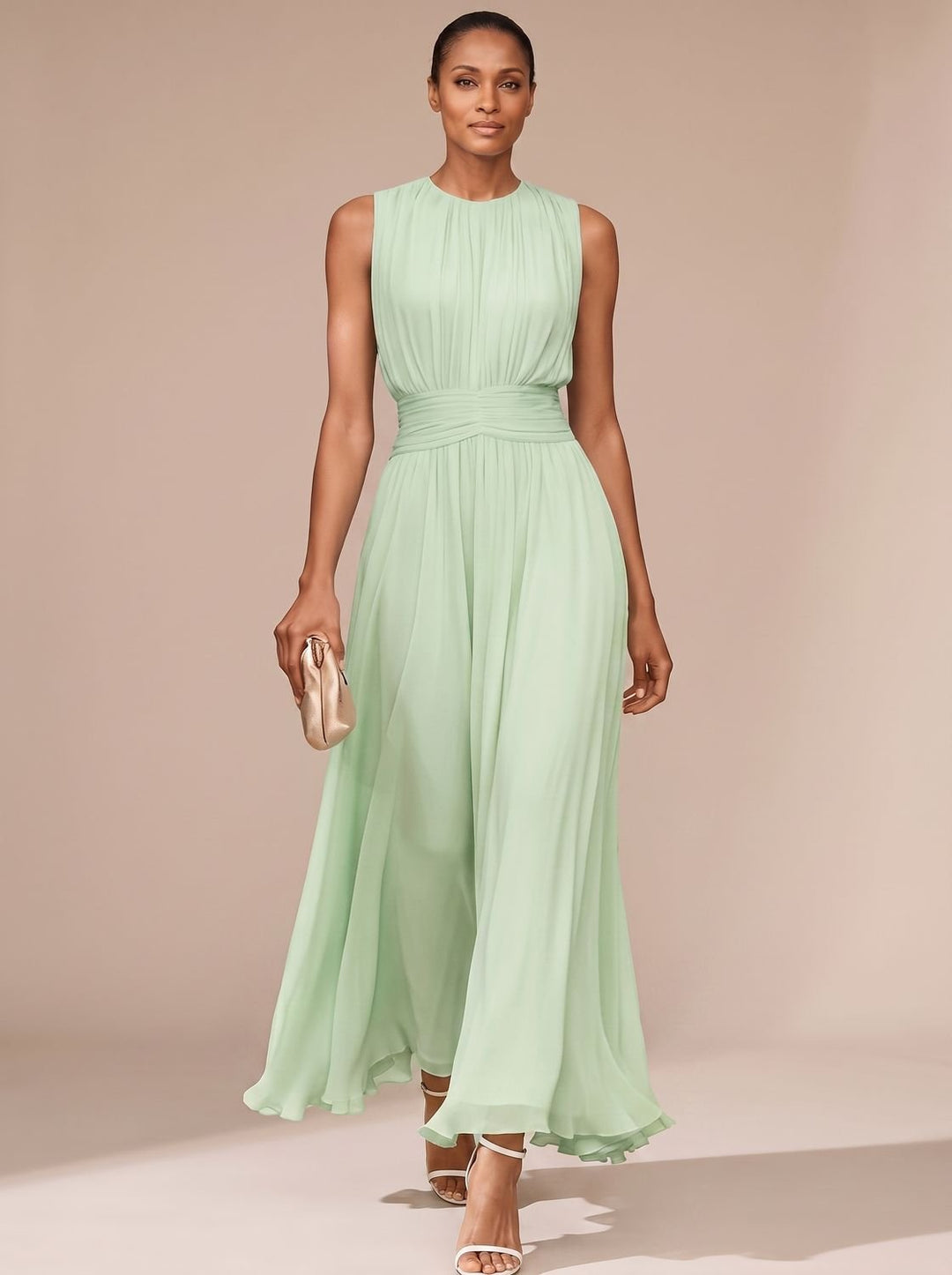 Women's Fall Wedding Guest Dress, Sleeveless Pleated Maxi in Green
