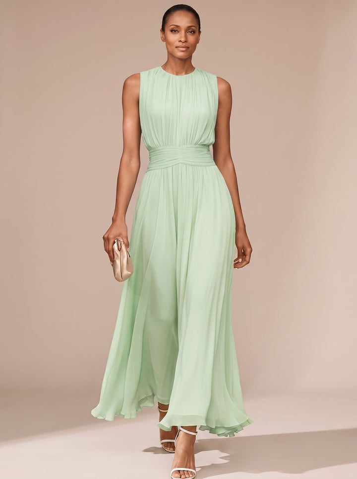 Women's Fall Wedding Guest Dress, Sleeveless Pleated Maxi in Green