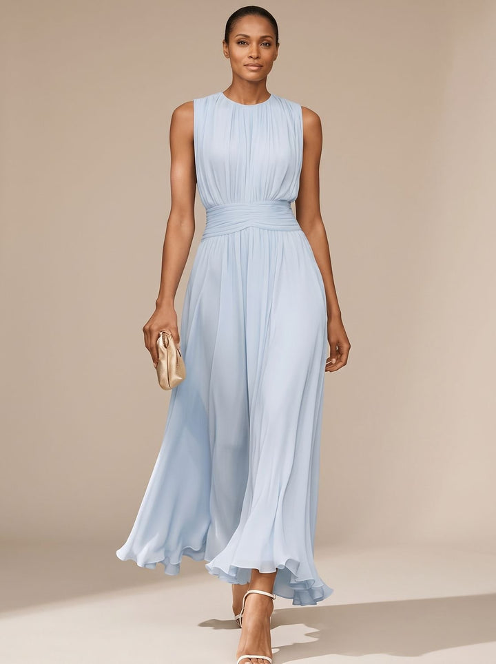Women's Fall Wedding Guest Dress, Sleeveless Pleated Maxi in Light Blue