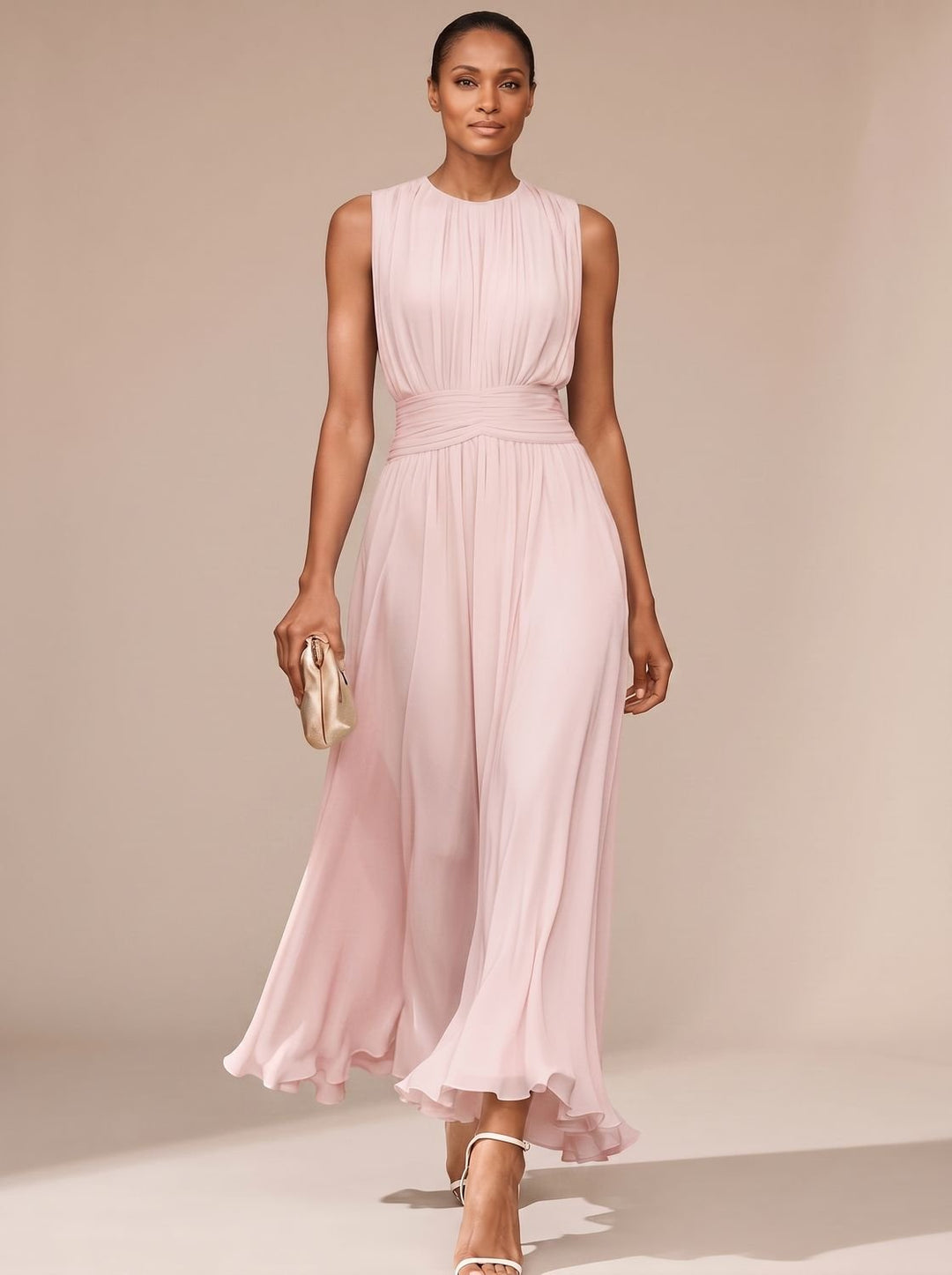 Women's Fall Wedding Guest Dress, Sleeveless Pleated Maxi in Pink
