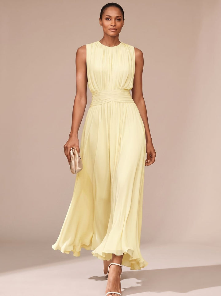 Women's Fall Wedding Guest Dress, Sleeveless Pleated Maxi in Yellow