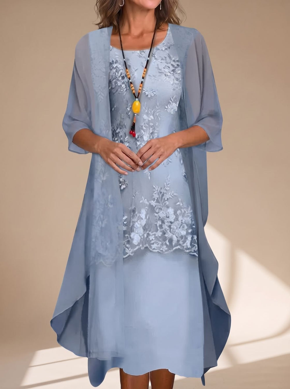 Women's Fall Wedding Guest Dress with Layered Lace in Blue