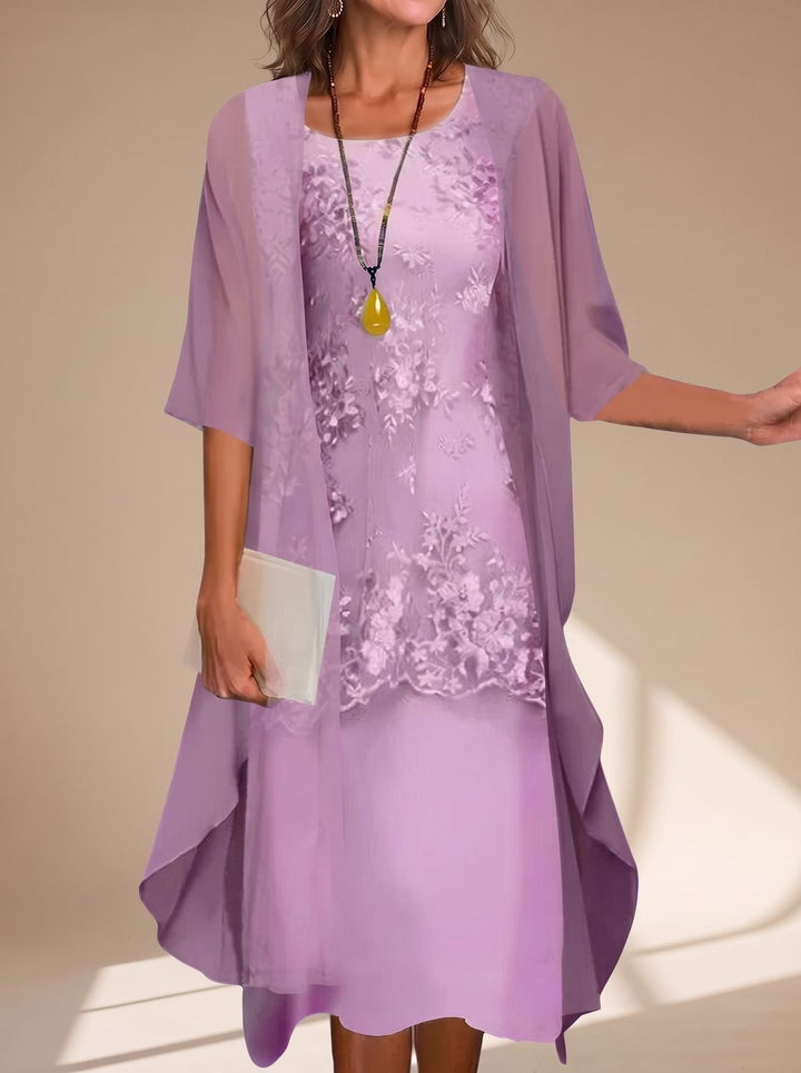 Women's Fall Wedding Guest Dress with Layered Lace in Purple