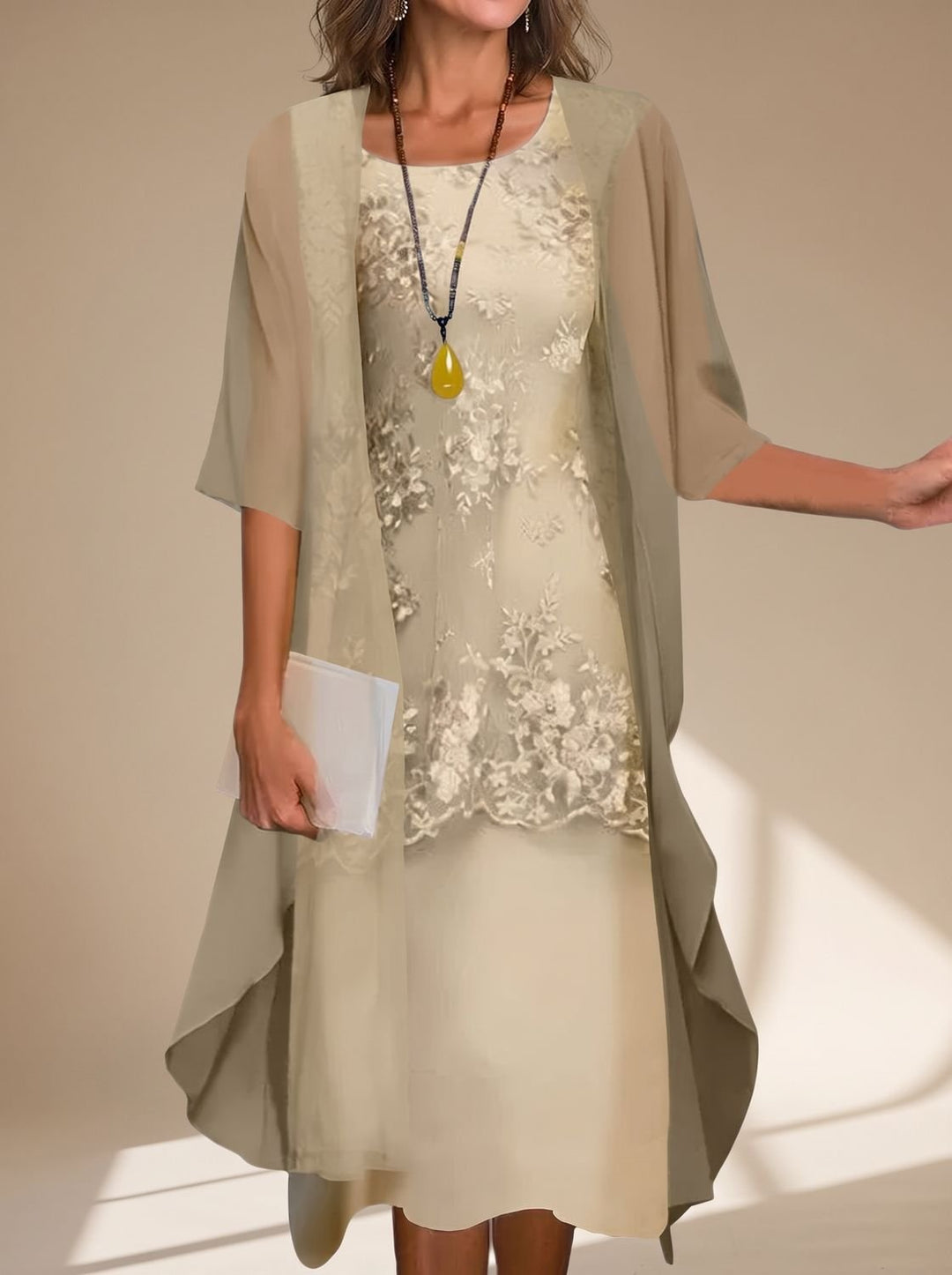 Women's Fall Wedding Guest Dress with Layered Lace in Yellow