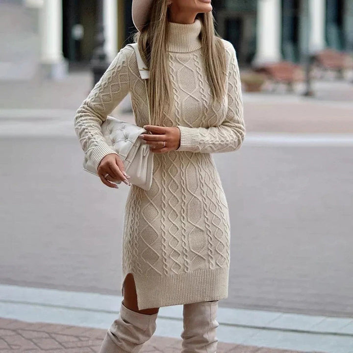 Women's Fitted Cable Knit Sweater Dress in Beige
