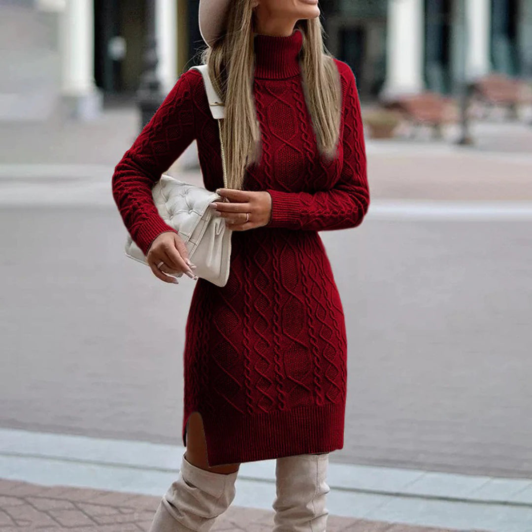 Women's Fitted Cable Knit Sweater Dress in Burgund