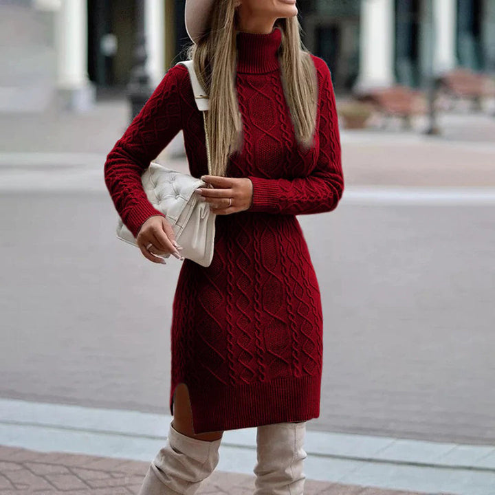 Women's Fitted Cable Knit Sweater Dress in Burgund