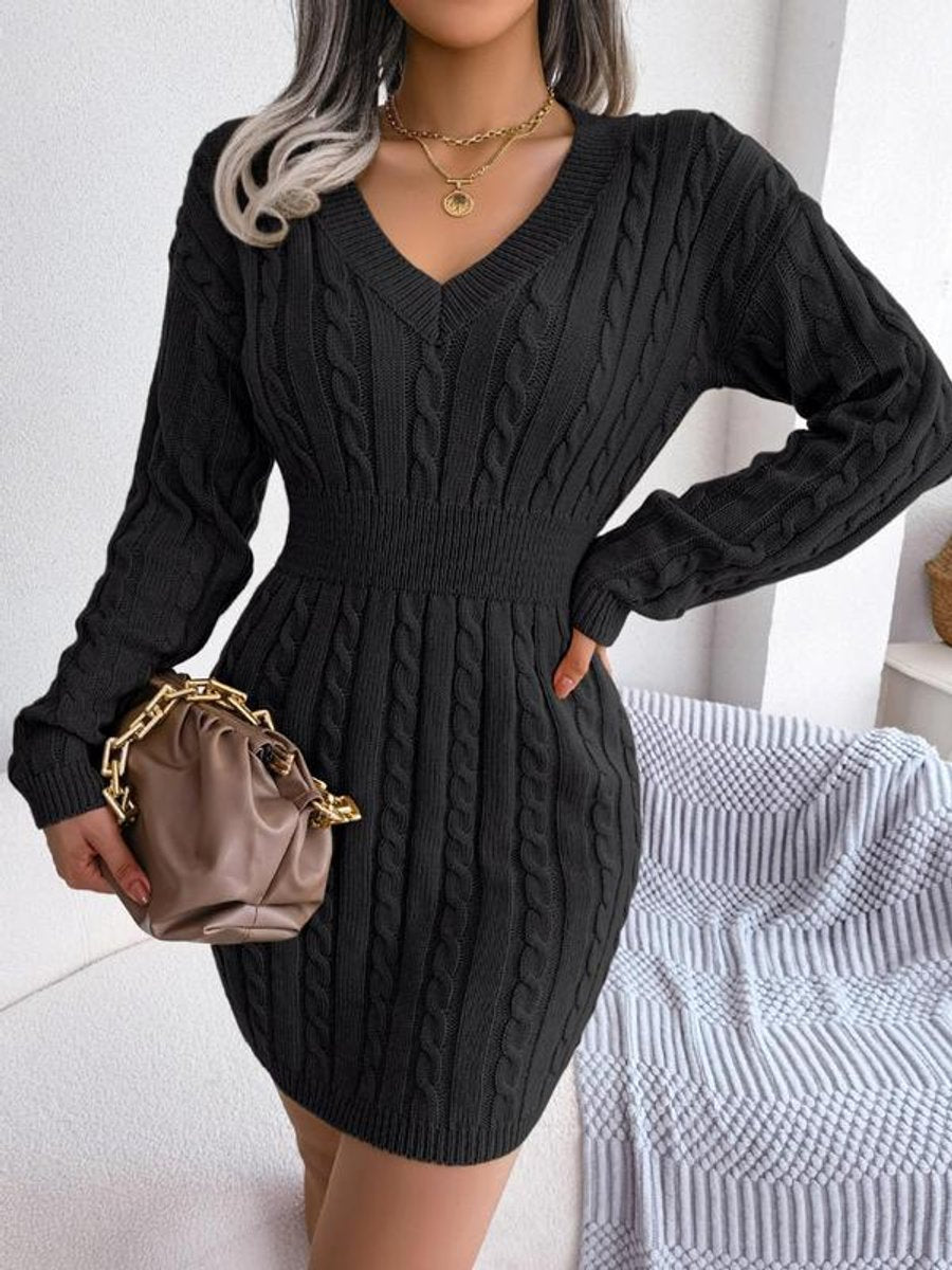Women's Fitted Sweater Dress in Cable Knit in Black