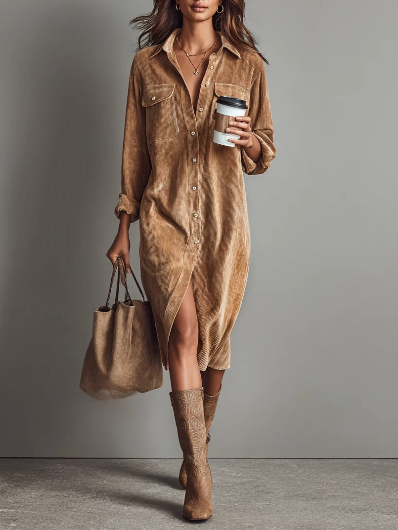 Women's Flared Midi Fall Dress in Khaki