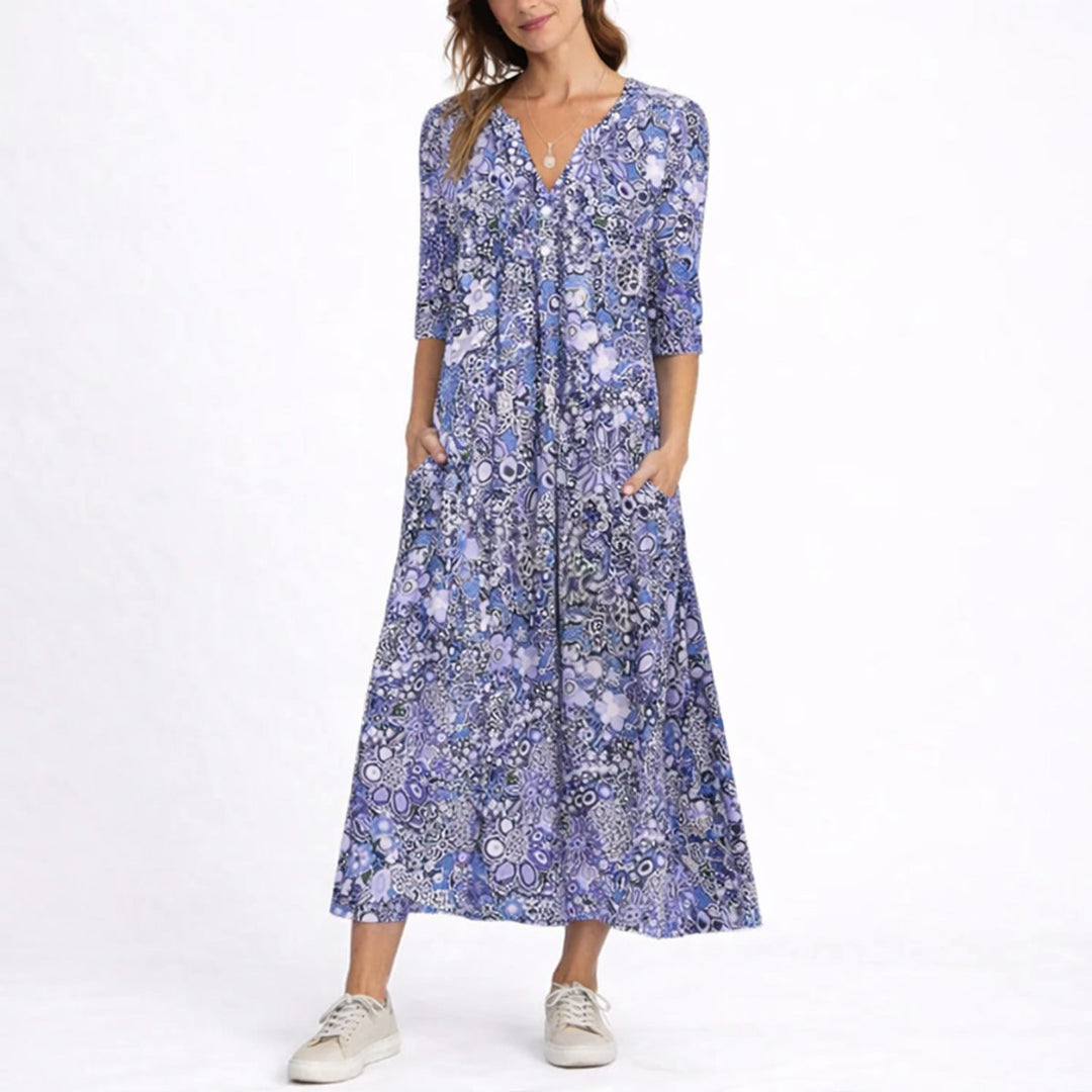 Women's Flared Midi Fall Wedding Guest Dress in Blue