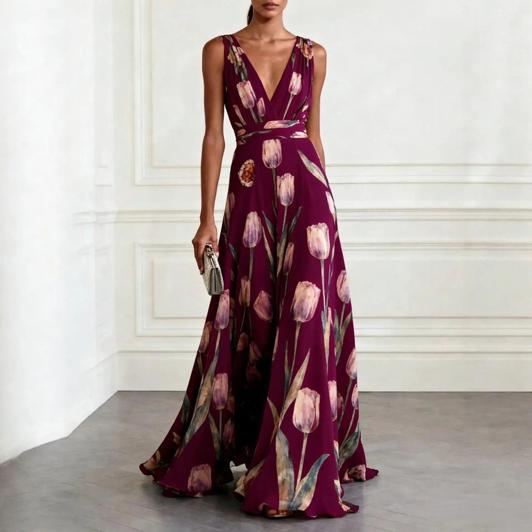 Women's Floral Chiffon Maxi Dress for Fall Weddings in Burgundy