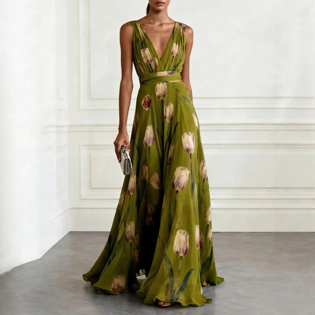 Women's Floral Chiffon Maxi Dress for Fall Weddings in Green