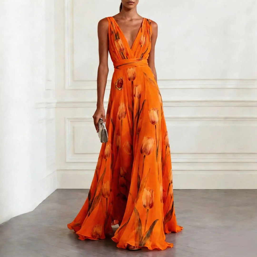 Women's Floral Chiffon Maxi Dress for Fall Weddings in Orange