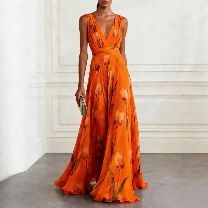 Women's Floral Chiffon Maxi Dress for Fall Weddings in Orange