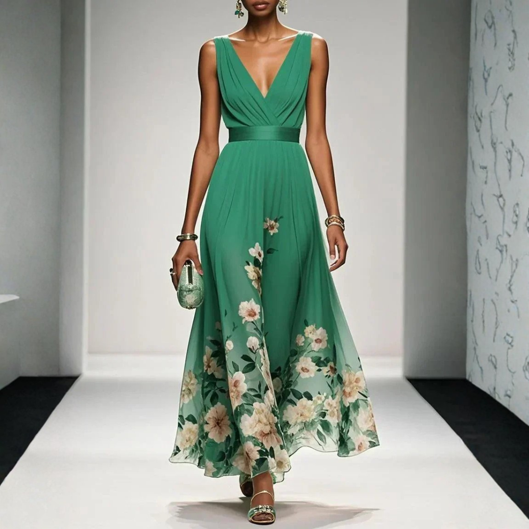 Women's Floral Long Evening Dress for Weddings in Green