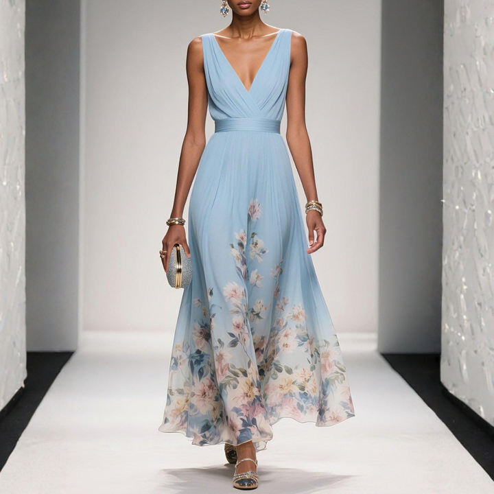 Women's Floral Long Evening Dress for Weddings in Light Blue