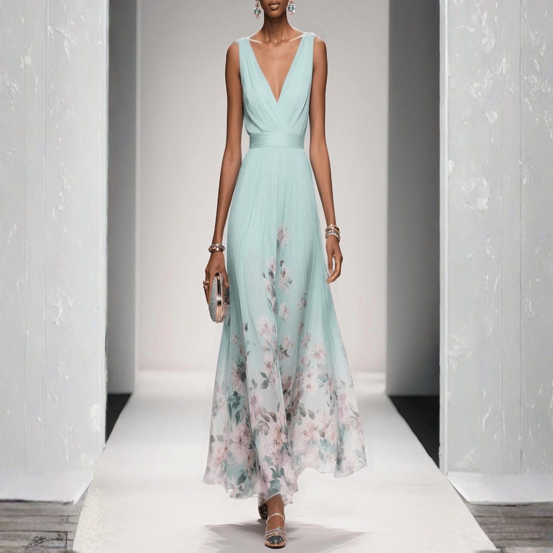Women's Floral Long Evening Dress for Weddings in Light Green