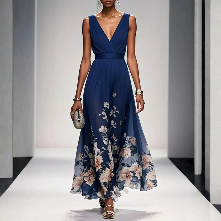 Women's Floral Long Evening Dress for Weddings in Navy