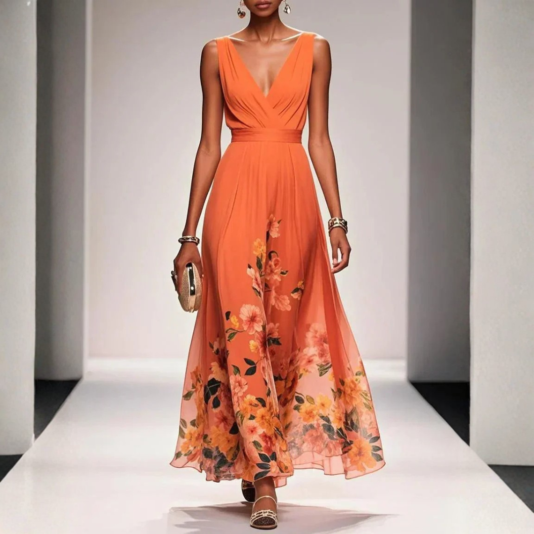 Women's Floral Long Evening Dress for Weddings in Orange