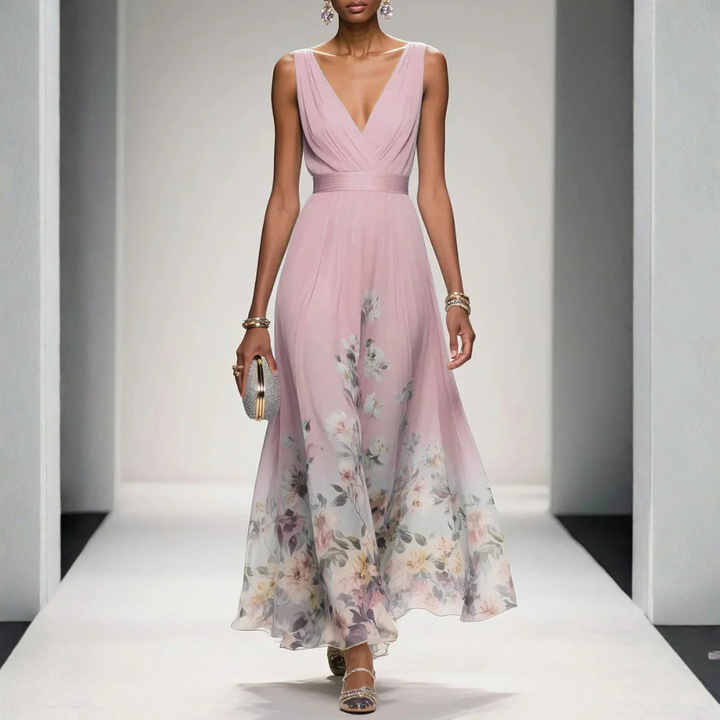 Women's Floral Long Evening Dress for Weddings in Pink